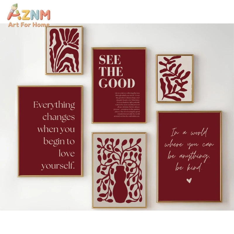 AZNM See The Good Inspirational Quote Burgundy Botanical Leaf Boho Minimalist Typography Canvas Wall Art Positive Aesthetic Unfr