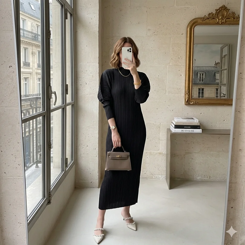 Miyake Pleated 2026 New Simple Solid Color Long-sleeved Temperament Dress Women Pleated Stretch Half-high Neck Long Dresses