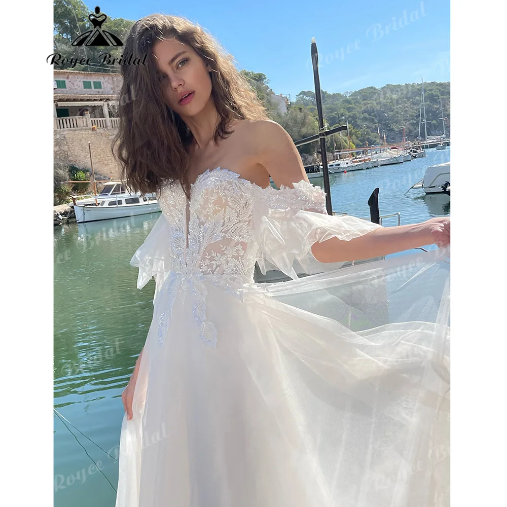 Off The Shoulder Sweetheart Neck Lace Bodice Tulle Wedding Dress Sparkly 3D Floral Appliqué Low Back Bridal Gown Customized