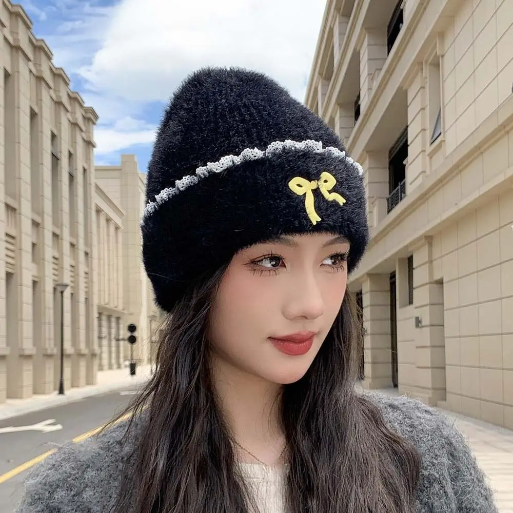 Cute Solid Color Bow Beanies Keep Warm Lace Edge Knitted Pullover Hat Bowknot Wool Ear Protection Cap Girls