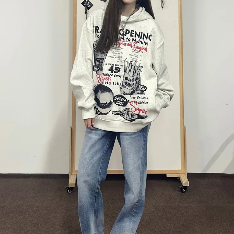 American retro Hamburg French fries hooded sweater women's autumn and winter new loose casual fashion print hoodie sweatshirt