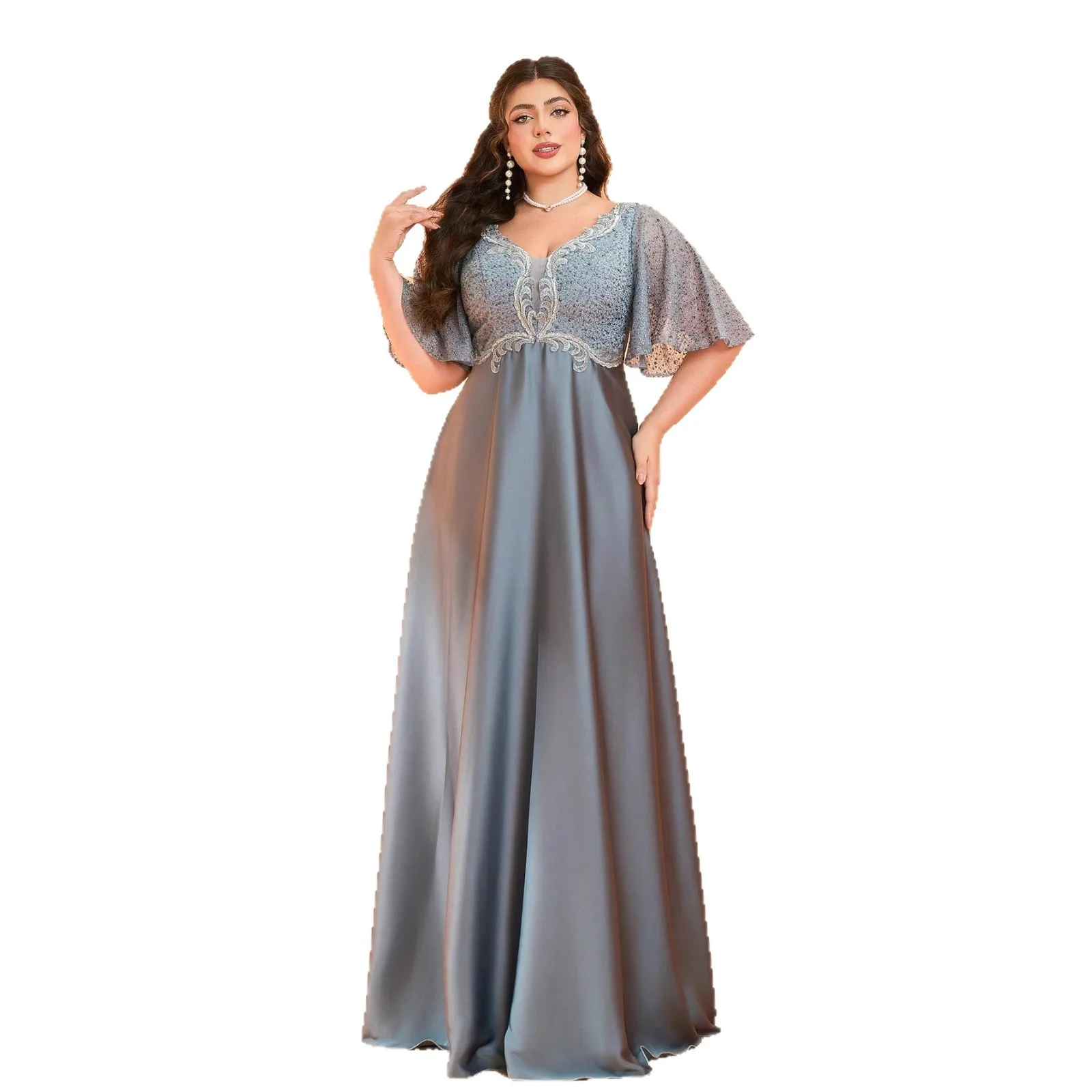 Ele Large Size Women's Dr Lace Satin Evening Gown Host Dr round Ne Chinese Production Summer mid Waist