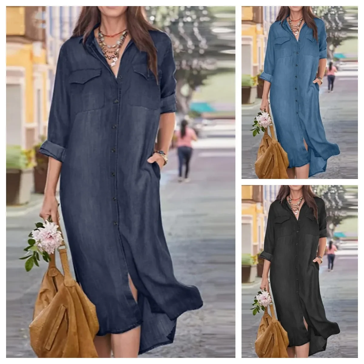 Women Eid Muslim Dresses Dubai Arab Loose Kaftan Islam Denim Dress Single Breasted Morocco Vestidos Solid Casual Pockets