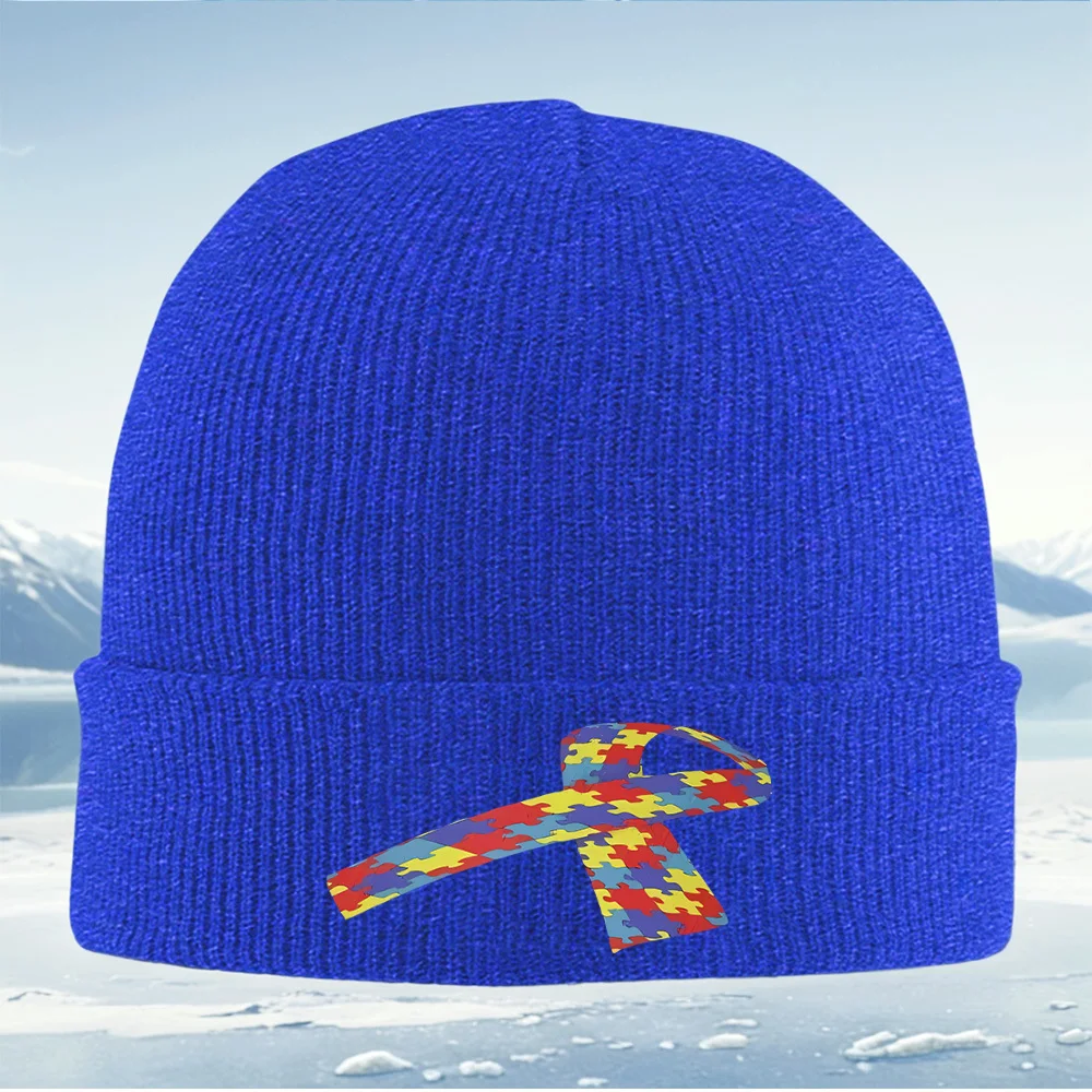 Puzzle pieces ribbon black background Men Women Unisex Knitted Hat Beanie Pullover Cap Winter Thermal Warm Christmas Outdoor Cyc