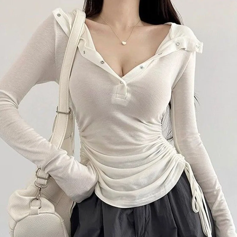 Spring Summer Thin Women's Long Sleeve Top Sexy Transparent Slim Drawstring T-Shirts Harajuku Y2K Grunge Button-Up Hooded Tees