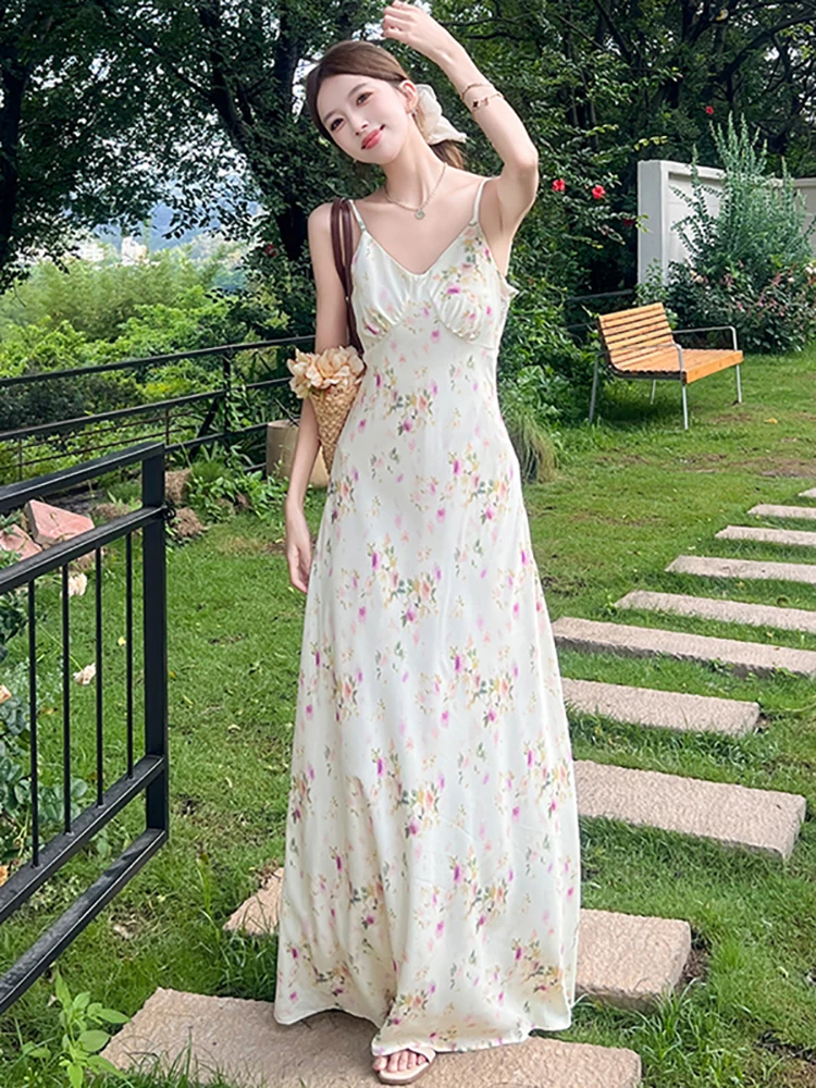 Mulheres estilo praia floral com decote em v sexy estilingue vestido de verão elegante casual vestido de férias 2025 nova moda coreana vestidos maxi de luxo