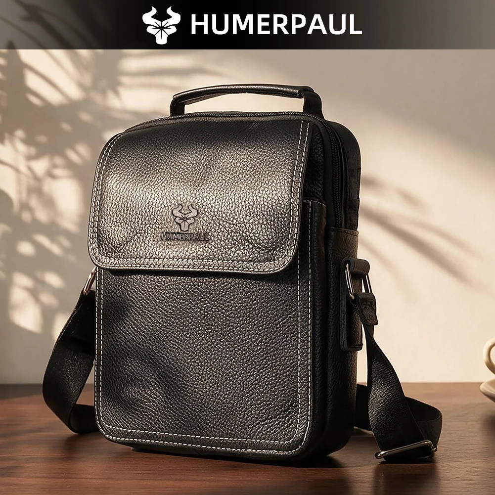 Men Genuine Leather Flap Crossbody Shoulder Bag Messenger Handbag With Top Handle Fit iPad Mini For Daily Travel
