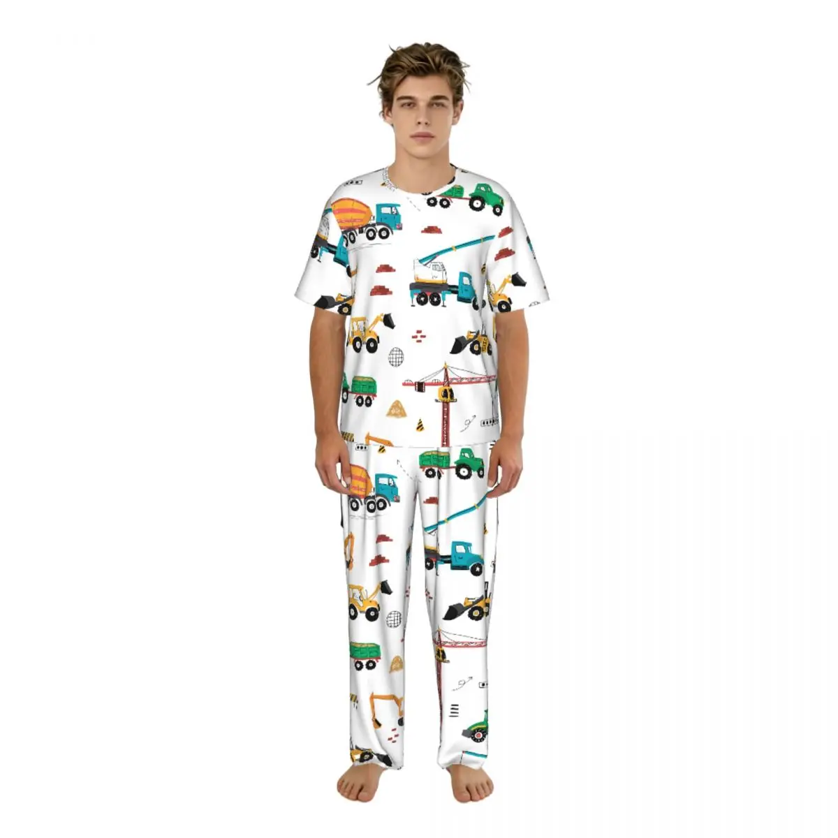 

Мужские повседневные пижамные комплекты с короткими рукавами и брюками, мужская одежда для сна с рисунком тракторов и грузовиков, домашняя одежда