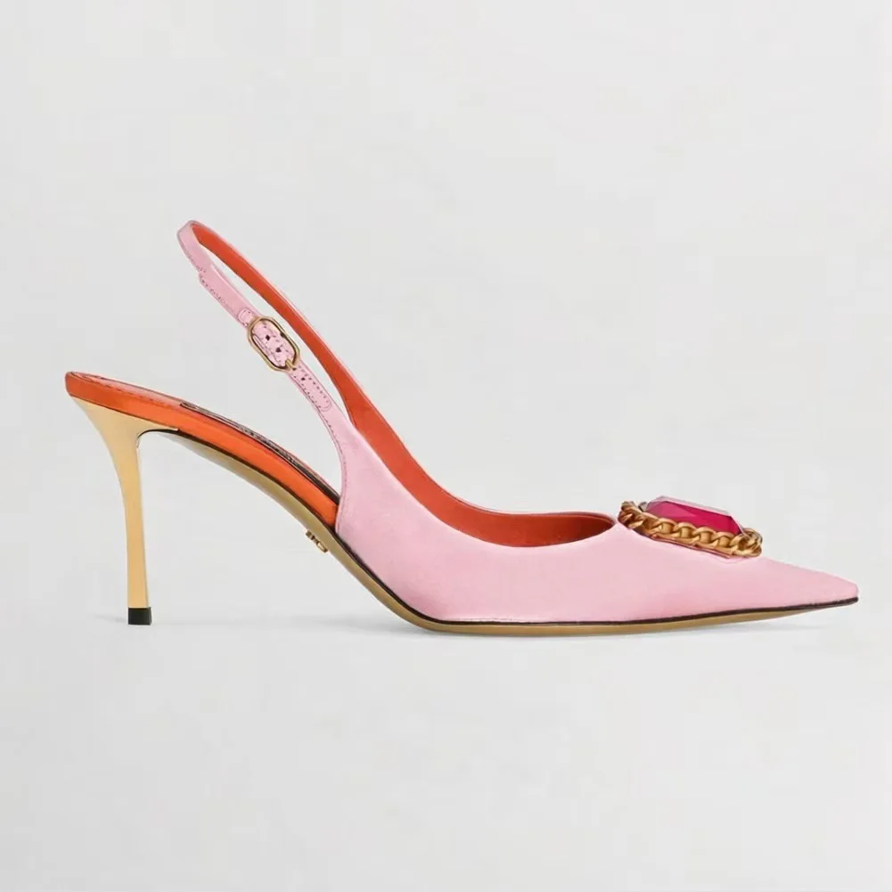 Women's Pink Slingback Heels Red Gem Gold Chain Detail Elegant Pointed Toe Stiletto Heel Design Luxurious Ladies Casual Sandals