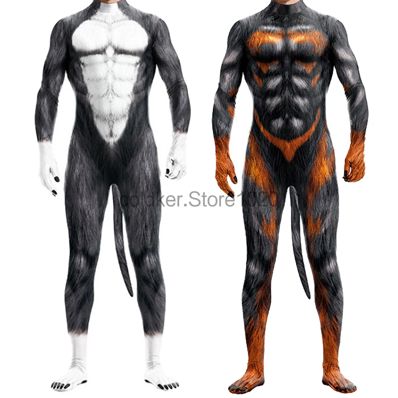 Herren Halloween Tierkostüm mit Schwanz Erwachsenen Ganzkörperanzug Elastischer Zentai Haustier Cosplay Jumpsuit Hund Welpe Druck Catsuit Bodysuits