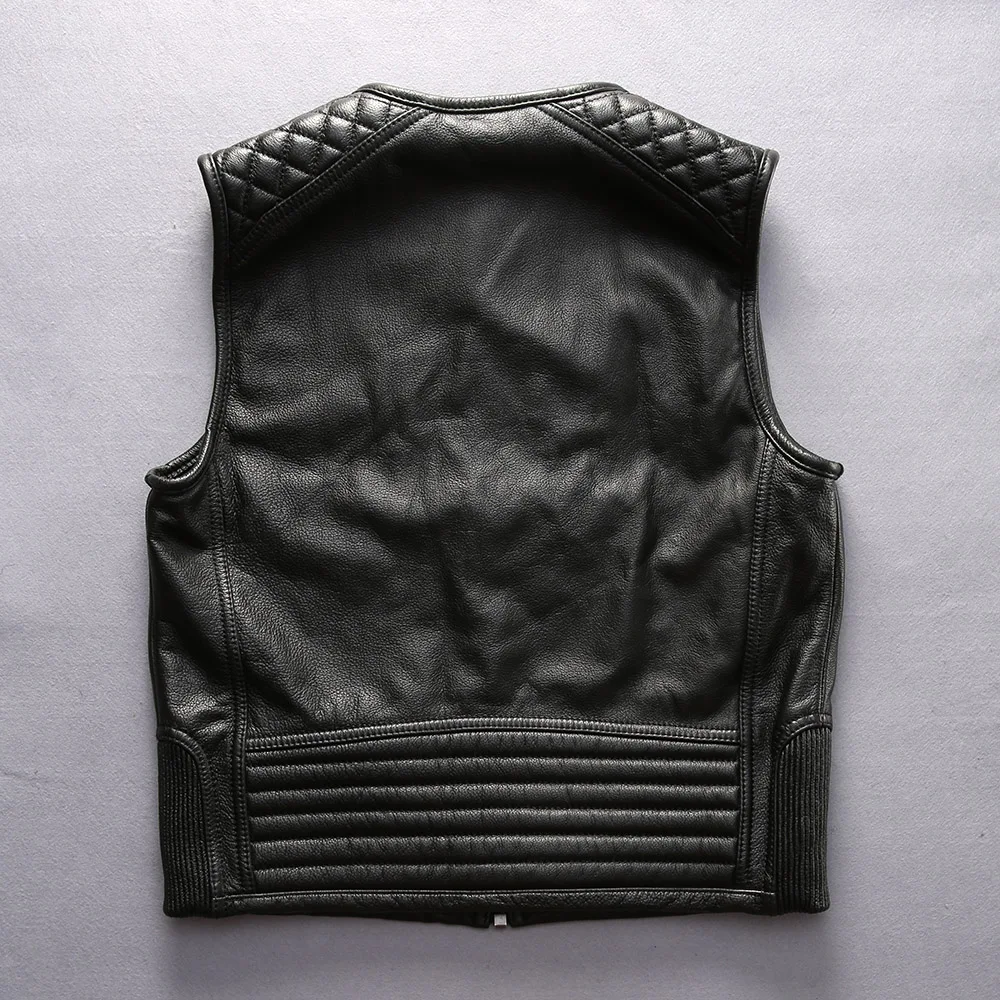 Men's round neck natural yellow cowhide undershirt manufacturers direct rock riding black leather biker vest motorcycle jacket