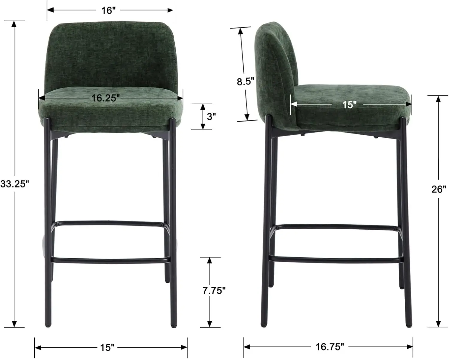 26" moderne Chenille-Thekenhocker, 2er-Set, grün gepolsterte Barhocker in Boucle-Thekenhöhe mit bequemer Rückenlehne, hoher Esszimmerstuhl