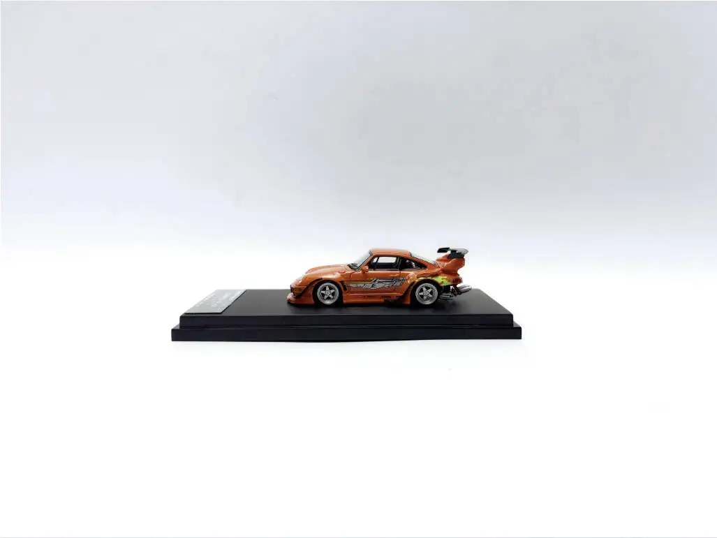 In Stock Street Warrior 1:64 RWB 993 Diecast Model Car. Vibrant orange finish with custom flame graphics, iconic widebody design