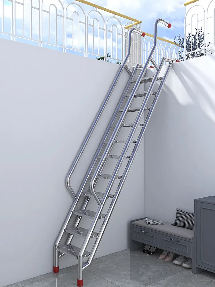 

Household outdoor 304 stainless steel ladder thickened anti-skid step stainless steel handrail industrial straight ladder