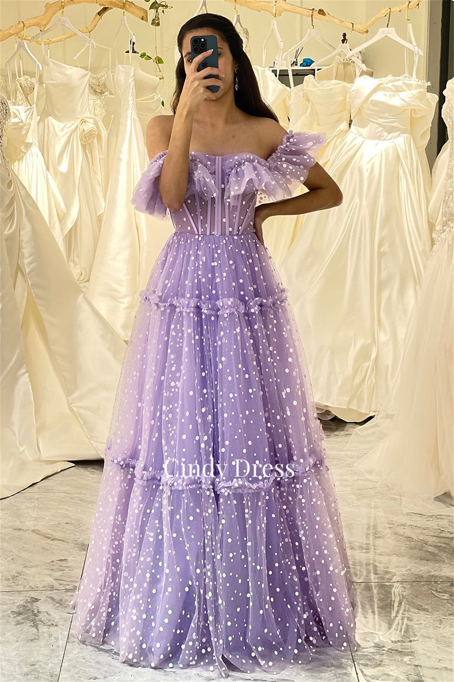 

Cindy Lavender Purple Polka Dot Off-shoulder Layered Long Dresses Suitable Request Wedding Party Midi Female Dress Saudi Evening