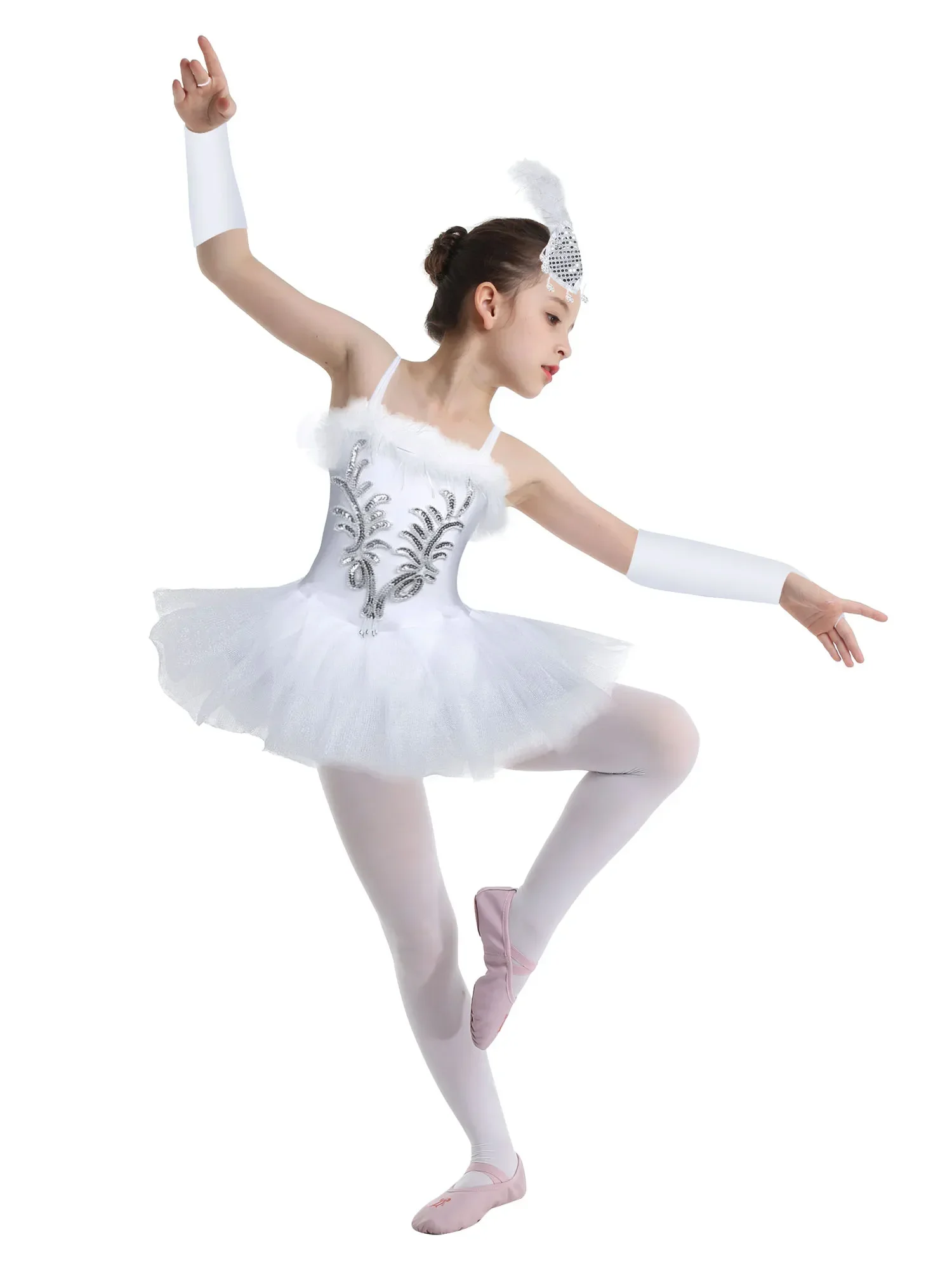 Kids Girls Swan Lake Ballerina Stage Performance Costume Ballet Dance Tutu Leotard with Arm Sleeves Hairpin Princess Dress Sets