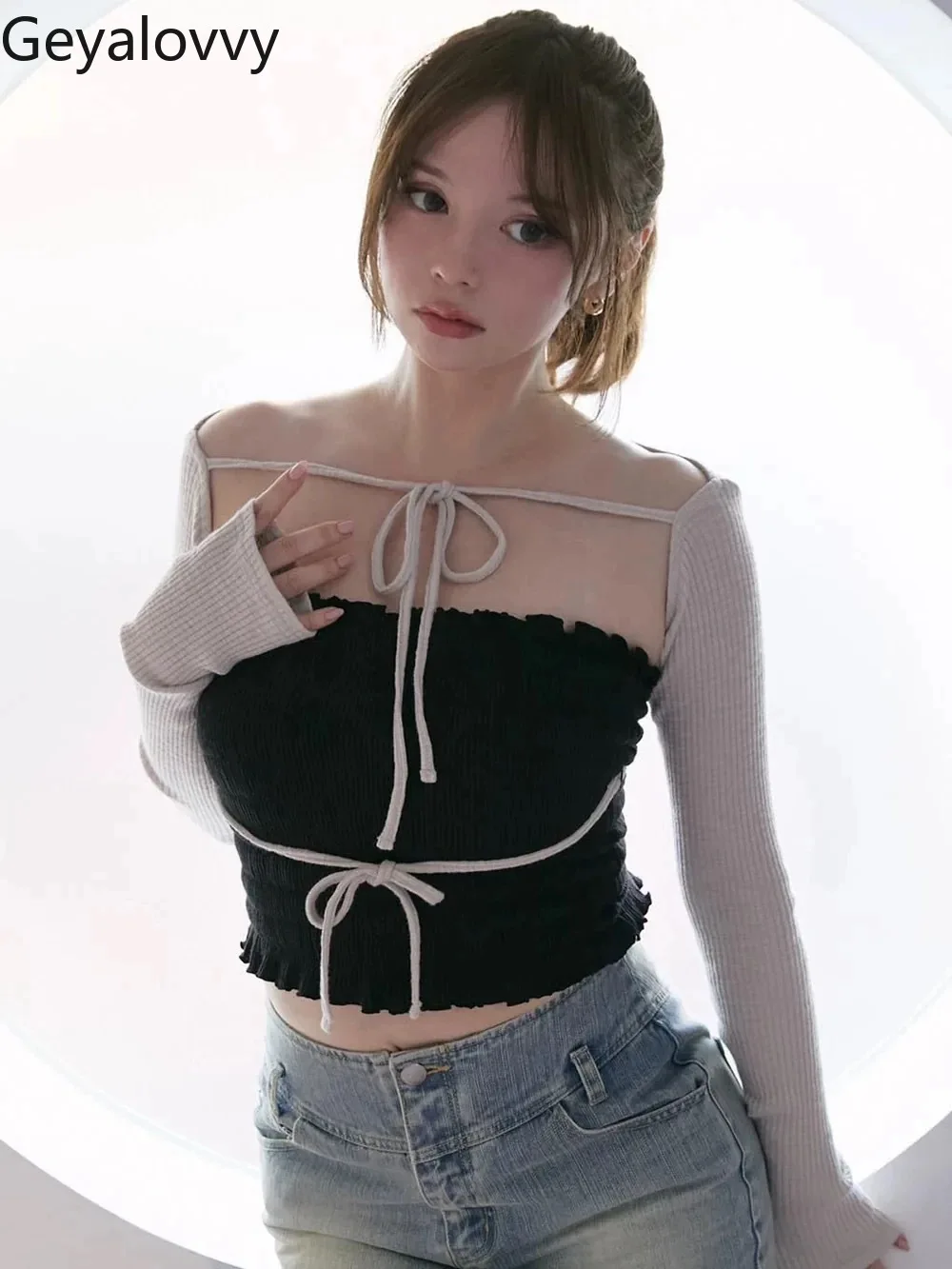 Japanese Style Elastic Tube Top Long Sleeve Knitted Blouse Lace-up Two-piece Set Knitting Shirt for Women Spring Autumn