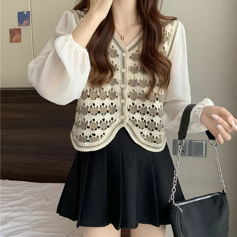 Chato Mel Oco Out Crochet Manga Longa Roupas Para As Mulheres Chiffon Sleeve Splicing Moda Feminina Blusas Single-Breasted Tops