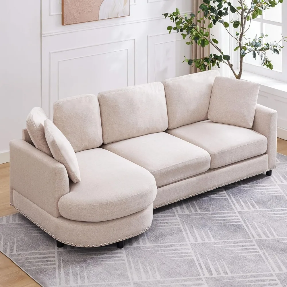 3-Seat Cloud Couch Comfy L-Shaped Couch With Chaise & Support Throw Cushion for Apartment Office – Beige Home Furniture