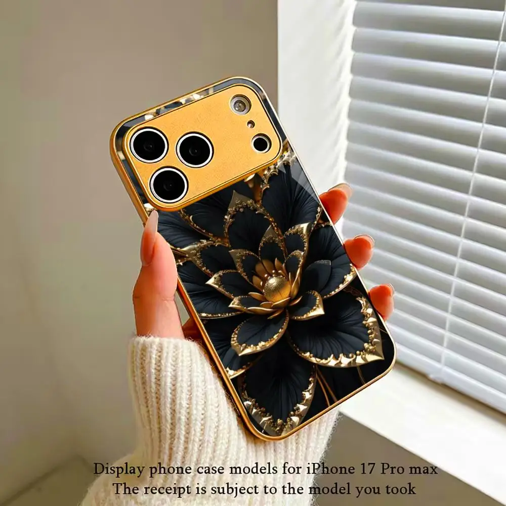 

Golden lotus pattern metal-coated glass phone case, for iPhone 17, 16, 15, 14, 13, 12, 11 Pro Max Plus 17Air, anti-drop case.