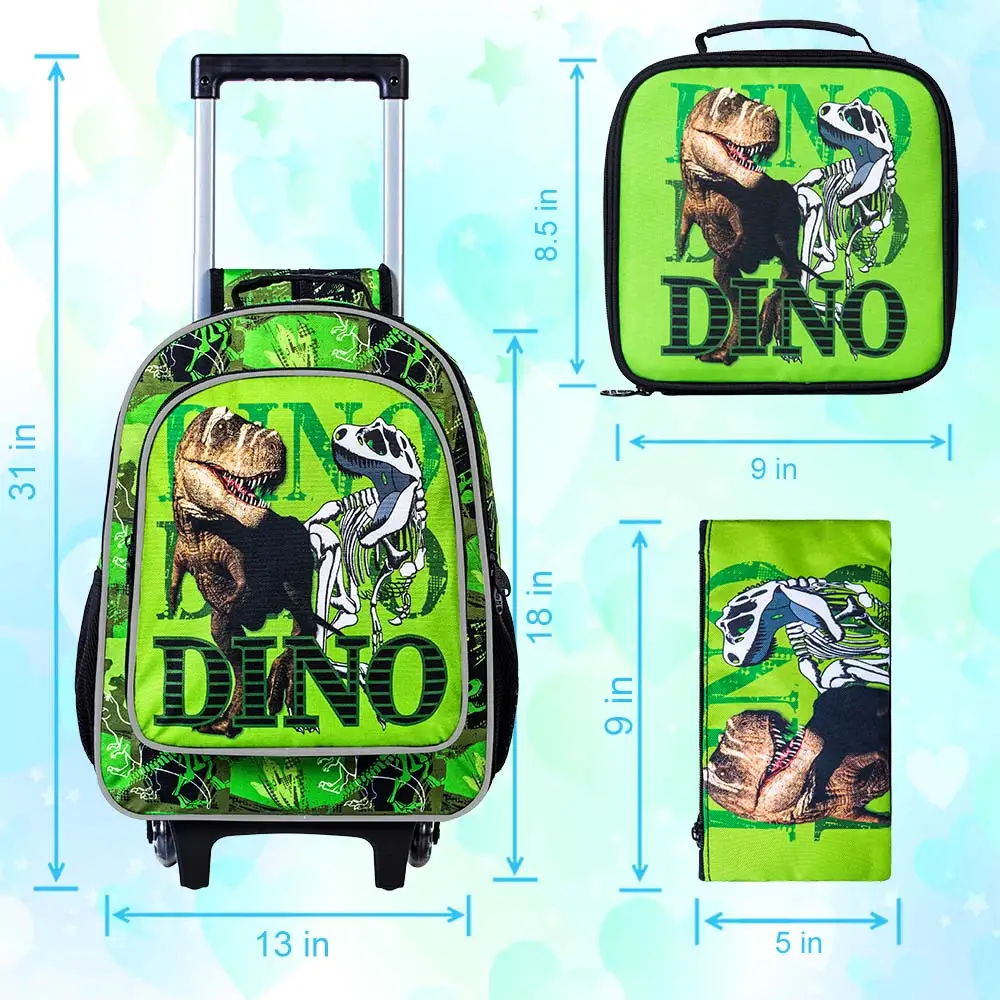 3-Piece Boy Green Dinosaur Backpack, 16-Inch Schoolbag and Kindergarten Primary School Lunch Box