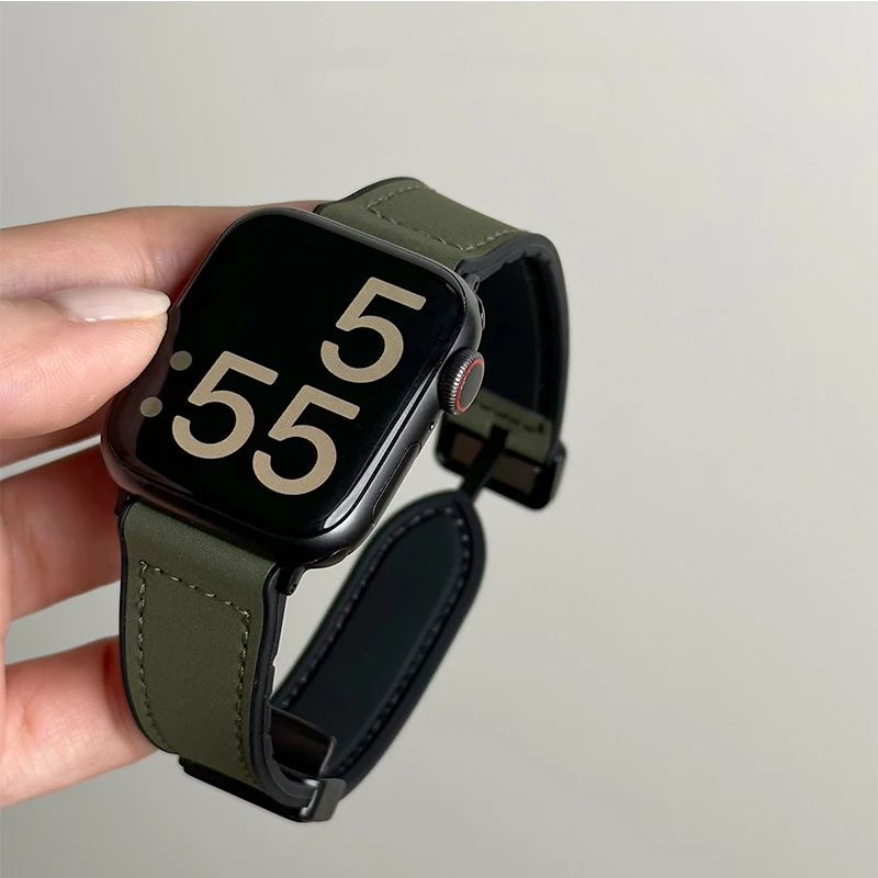 Leer + siliconen band voor Apple Watch Band Ultra 49 mm 44 mm 45 mm 41 mm 46 mm 40 mm 42 mm Magnetische armband iwatch Series 10 9 8 7 6