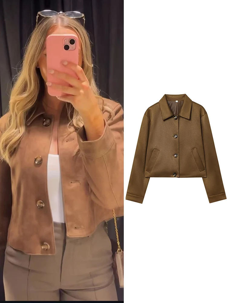 

Осень-зима 2021, винтажные женские замшевые куртки, модные повседневные однотонные однобортные женские короткие куртки с лацканами и карманами