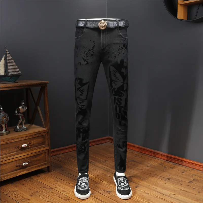 

Модные утепленные мужские джинсы с принтом, зауженные, длинные брюки, повседневные городские, зимние, новинка, хлопок, стрейч, D...