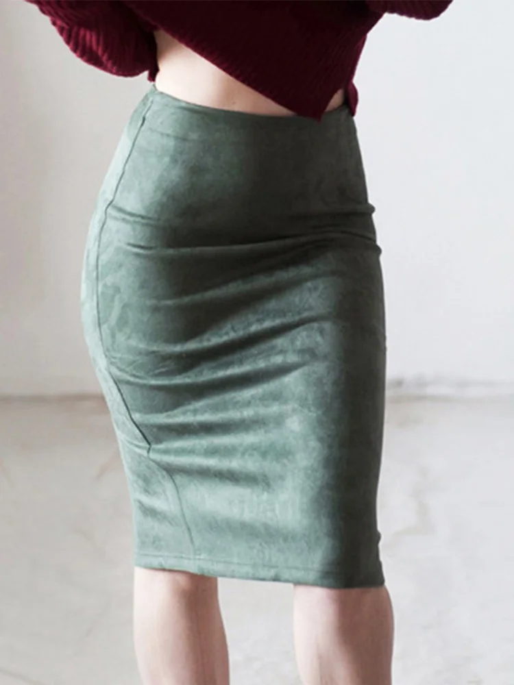 Women Skirts Suede Solid Color Pencil Skirt Female Autumn Winter High Waist Bodycon Vintage Suede Split Thick Stretchy Skirts