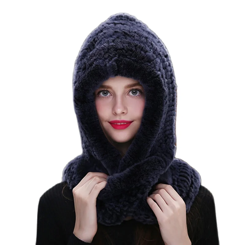 2024 Fur Hat Ladies Knitted Scarf 100% Real Rex Rabbit Fur Hooded Scarf Winter Warm Natural Novel Wool Hat Large Female Fur Hat