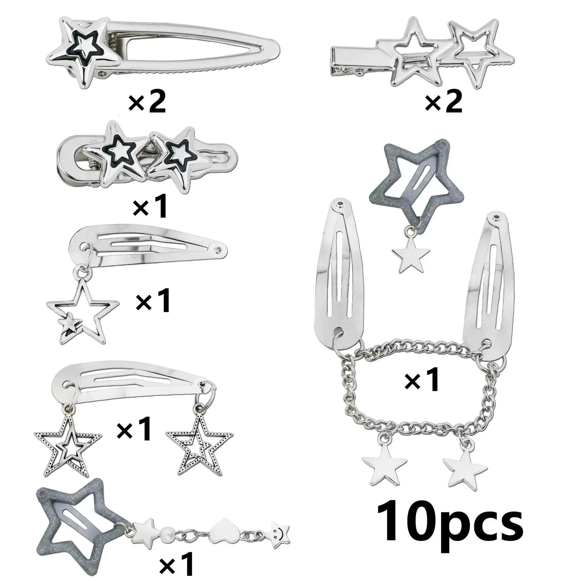 10pcs/kantong Jepit Rambut Gaya Gothic Bintang Cincin Rambut Dreadlock Rantai Rambut Set Aksesoris Rambut