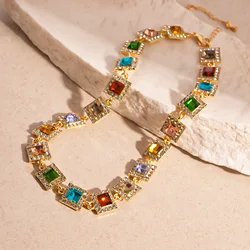 Vintage Colorful Inlaid Rhinestone Geometric Necklace for Women Fashion Chain Light Luxury Temperament Accessories
