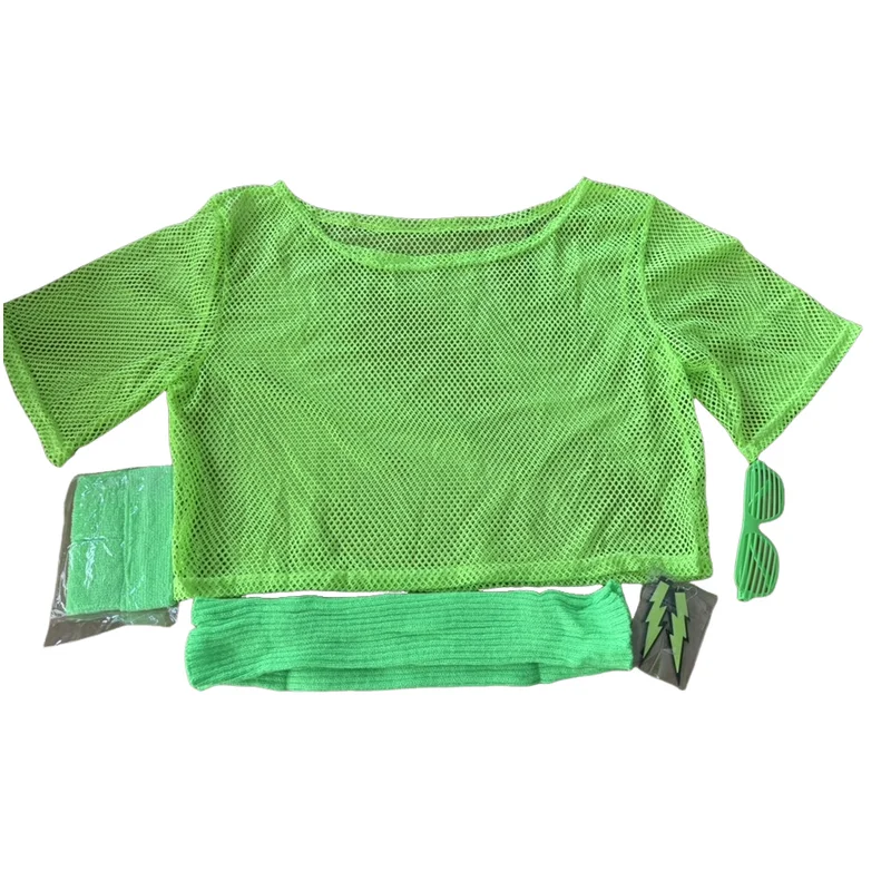 80s Hippie Disco Outfit Set Neon Mesh Crop Top Leg Warmers Headband Earrings Glasses Retro Halloween Carnival Costume Accessorie view 5
