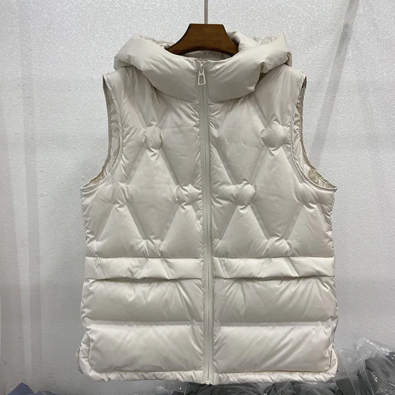 

2025 Autumn Winter Short 90% White Duck Down Vest Hood Women Puffer Jacket Female Sleeveless Coat Warm Zipper Waistcoat