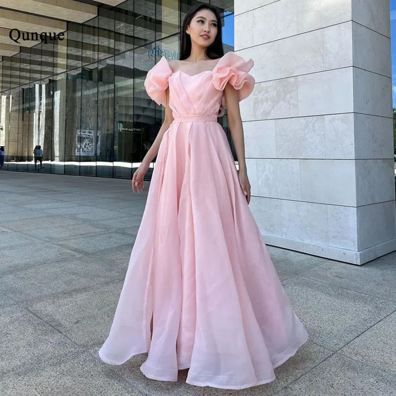 

Qunque A-line Prom Dress Sexy Pink Organza Puff Sleeves Evening Gown Corset Customized Vestidos De Noche Elegantes Party Dresses