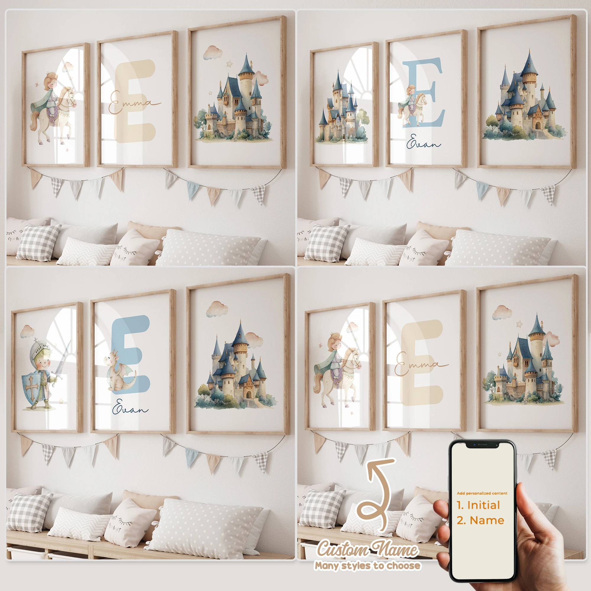 3 stücke Personalisierte Benutzerdefinierte Name Cartoon Kind Schloss Wand Kunstdruck Bild Leinwand Poster Malerei Für Wohnzimmer Wohnkultur