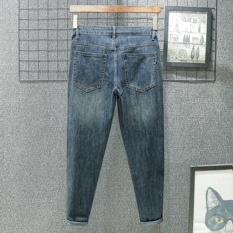 

Thiened Fce Autumn Winter New Sle Men's Loose Straight Leg Casual Elastic Jeans mid Waist Nine Points Straight Foot Jeans