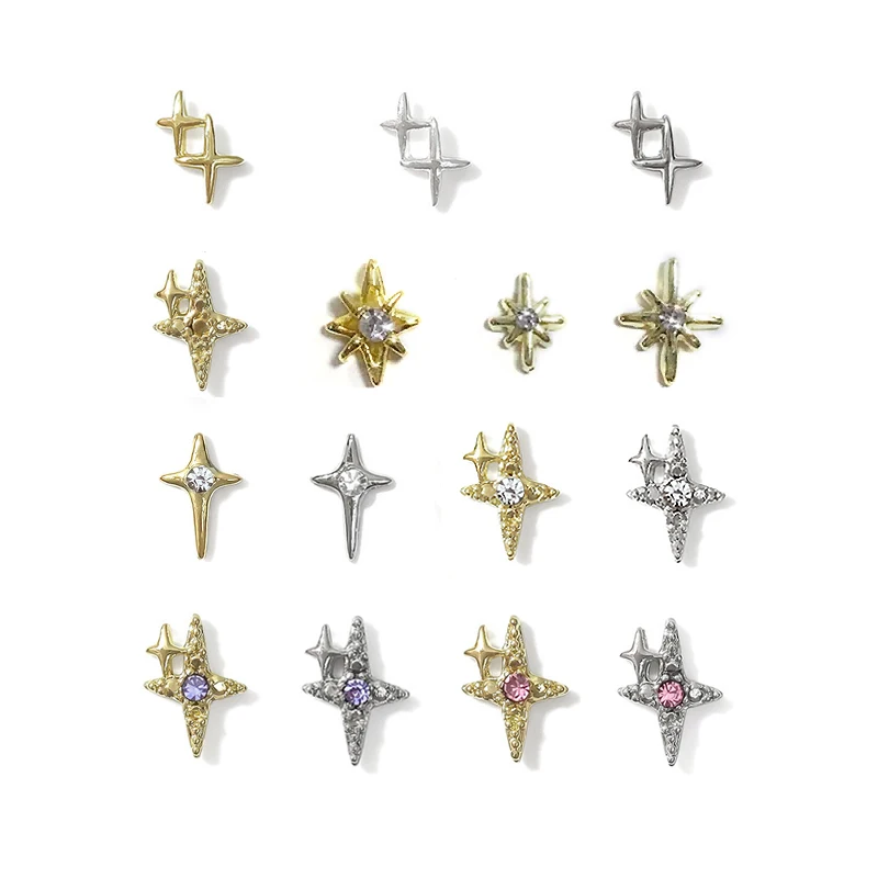 10 Stks/partij Luxe Designer Cross Nail Charms Edelstenen Legering Sterren Nagel Figuren Japanse/Koreaanse Zilveren Metalen Onderdelen Benodigdheden Voor Nagels