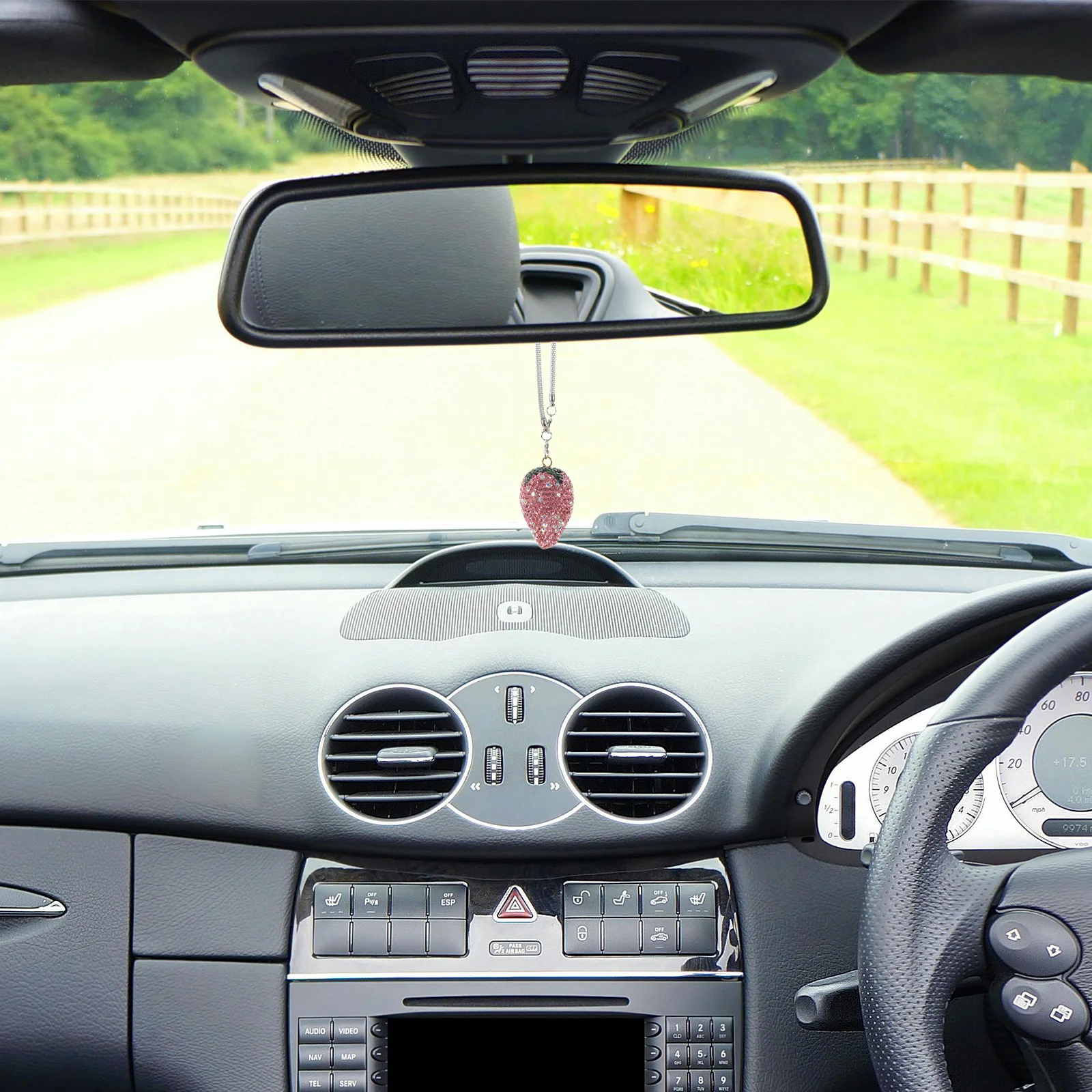 

Crystal Rhinestone Strawberry Car Pendant for Rearview Mirror - Cute Interior Car Decor for Women Holiday Gift Pink