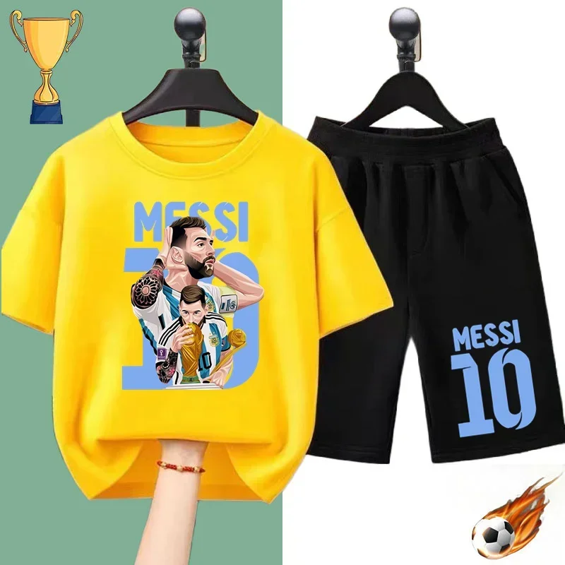 Summer Kids T-shirt Soccer star Messi Print Sports Boys Girls Casual short sleeve shorts Fashion Black shirt Sports shirt set