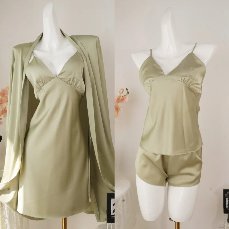 Ice Silk Pajamas Set Women 4PCS Bride Wedding Robe Nightgown Sexy Solid Color Satin Sleepwear Kimono Bathrobe Gown