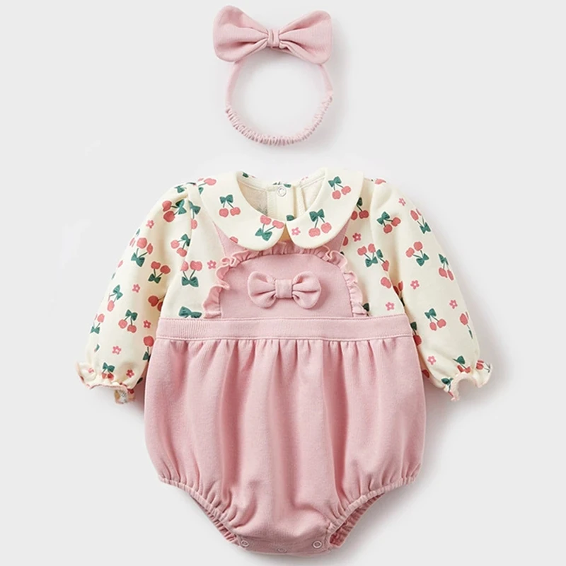 2Piece Spring Autumn Infant Girls Clothes Korean Cute Doll Collar Cherry Print Cotton Bodysuits Newborn Items Baby Romper BC352