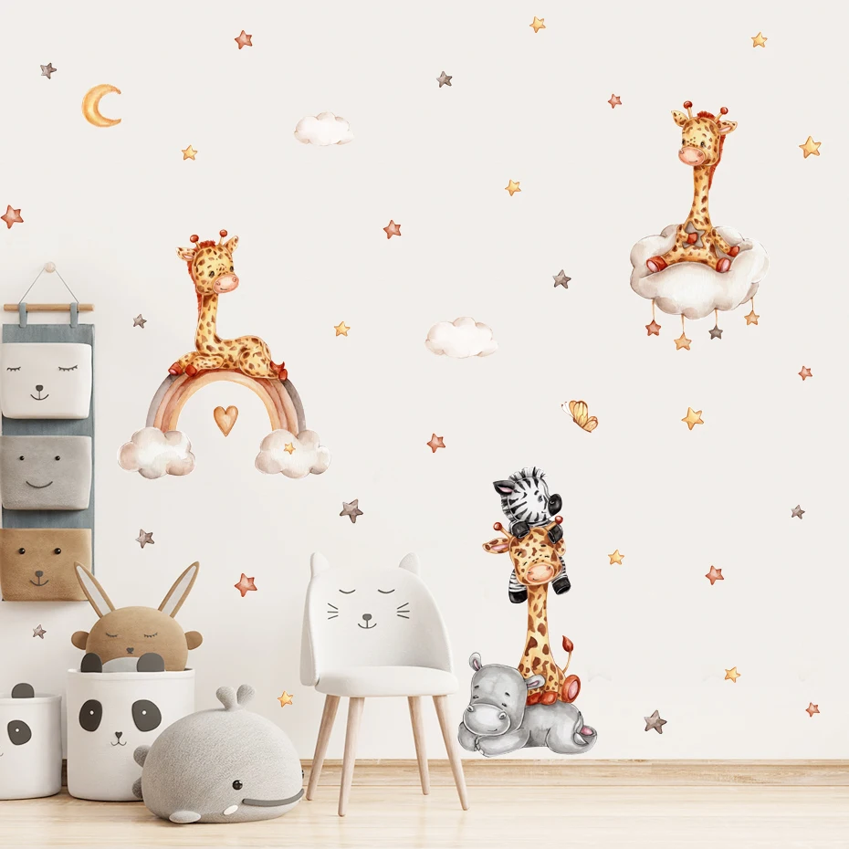 

Cartoon Giraffe Animals Rainbow Stars Clouds Wall Decal Watercolor Vinyl Nursery Print Kids Boys Girls Room Interior Home Decor