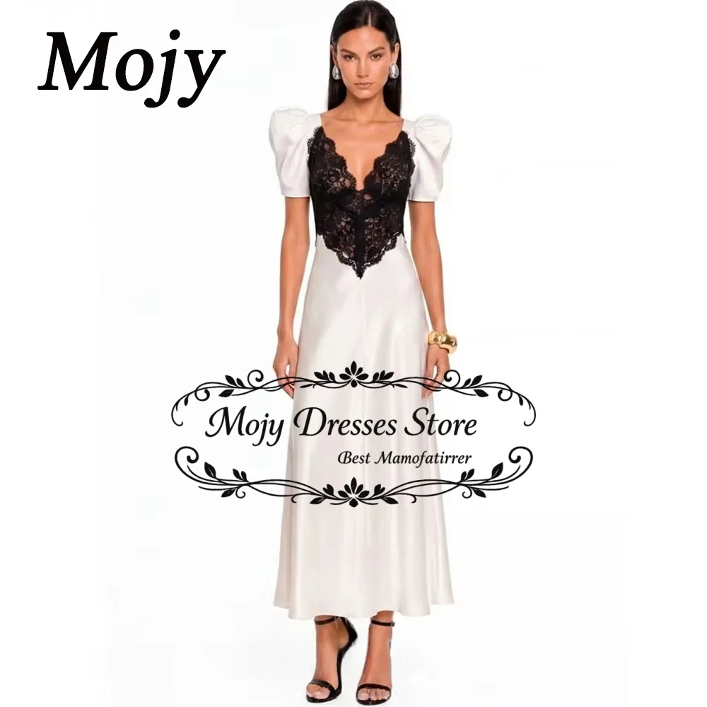 Mojy 2026 lvory платье на годик Lace V Neck Short Puff Sleeves Prom Gowns Franch Simple Dress For Formal Occasion