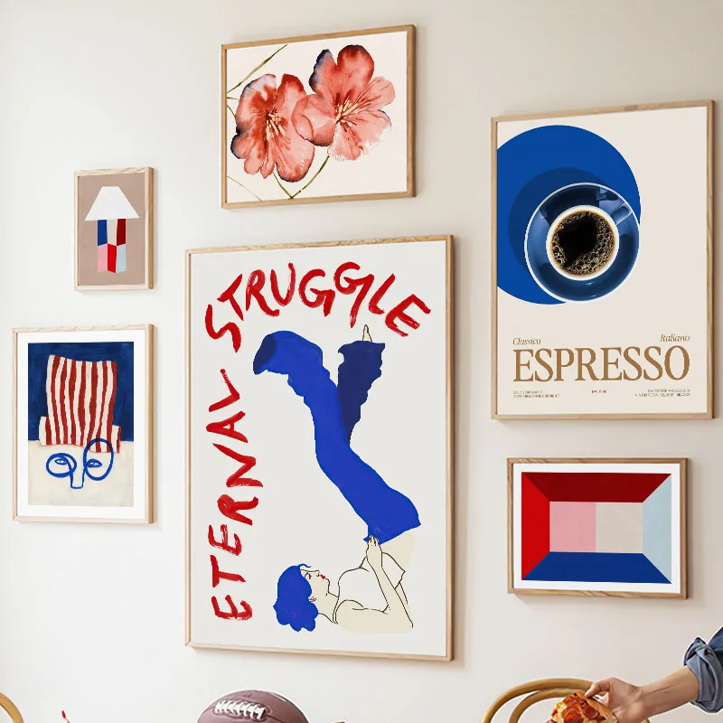 Cuadro Decorativo de Pared con Diseño Divertido de Joker Rojo y Azul, Vino Tinto, Café y Aves, Impresiones Abstractas Nórdicas para Decoración de Sala de Estar