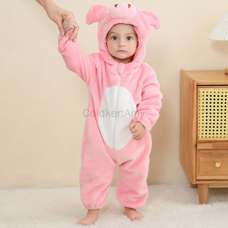 Halloween Kerstcadeaus Roze Varken Baby Rompertjes Herfst Winter Kleding Dierenkostuum Flanel Capuchon Body Pyjama Jumpsuit