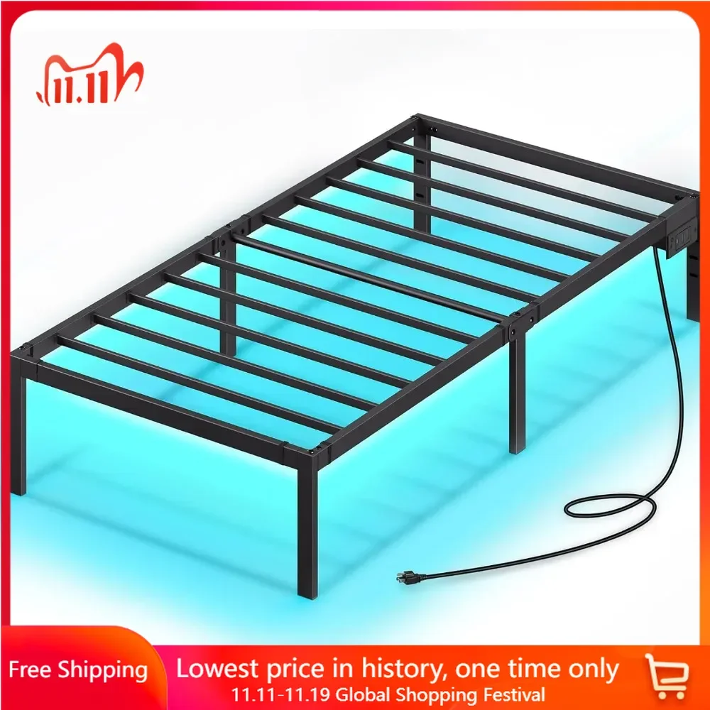 

Bed Frame with USB Charging Station with LED Lights, Platform Bed Frame with Heavy Duty Steel Slats, Twin Beds Frames