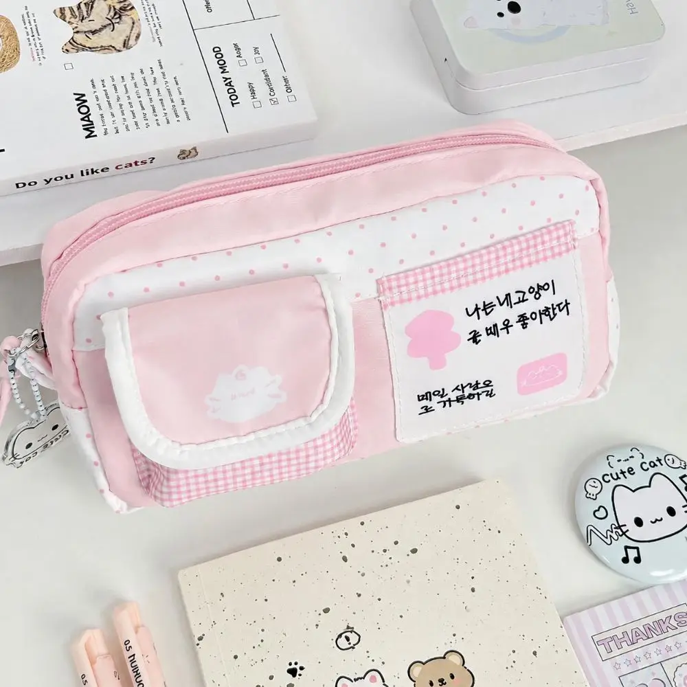 Durable Pink White Pencil Case Cat Print Multi-layer Pen Bag Large Capacity Zipper Design Stationery Organizer Students