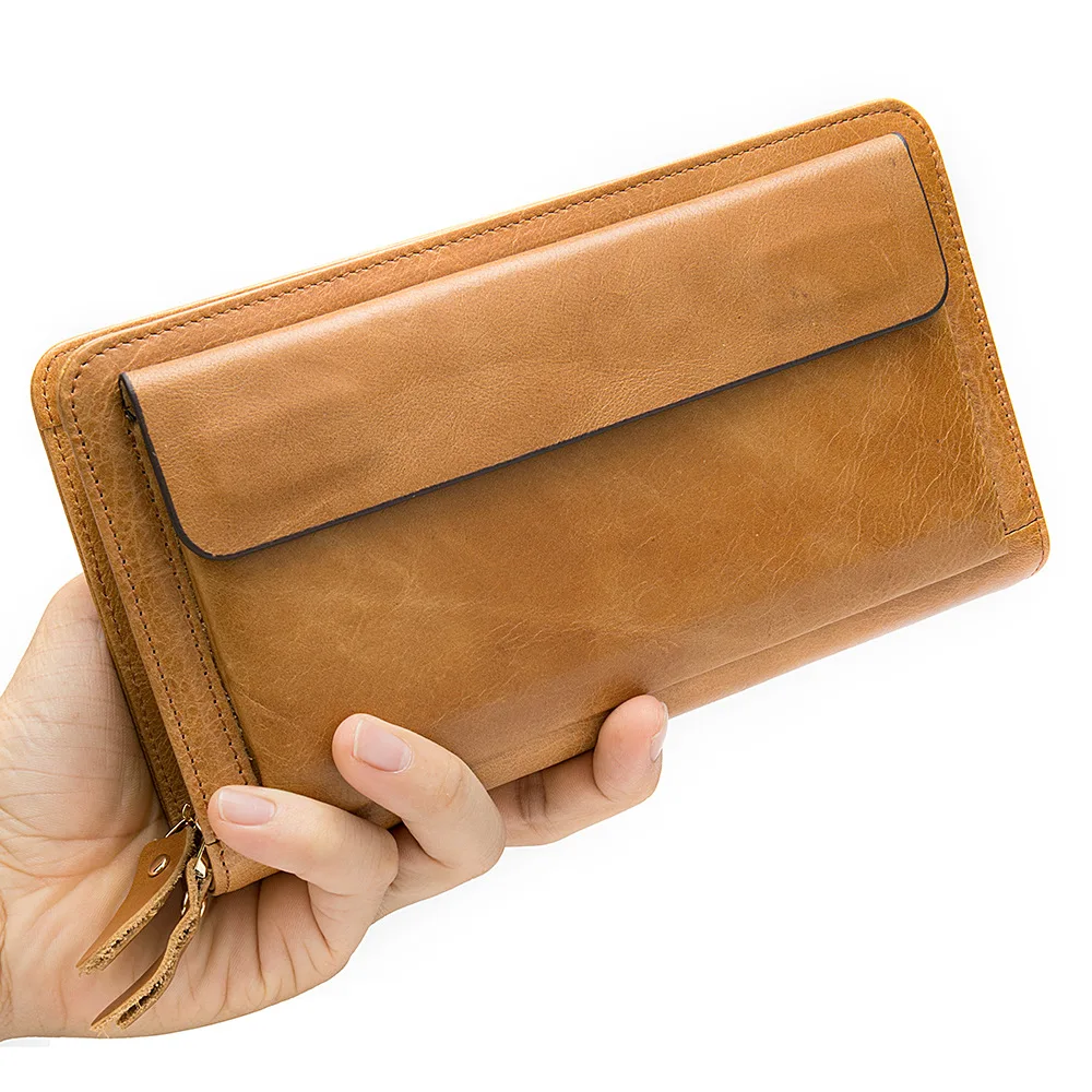 MLT-9069 Business Men's Long Top Layer Cowhide Wallet, Retro Casual Multifunctional Portable Double-layer Zipper Handbag