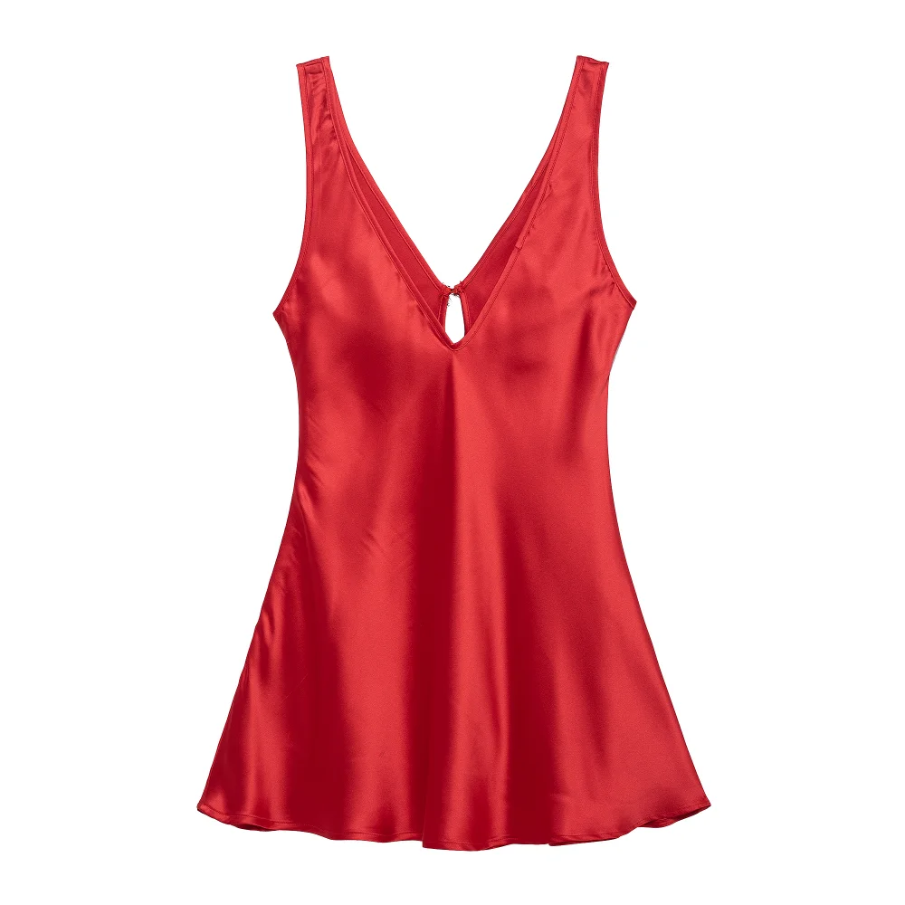 BM&MD&ZA rode satijnen slingjurk voor dames met diepe V-hals en sleutelgatdetail voor een verleidelijke look
